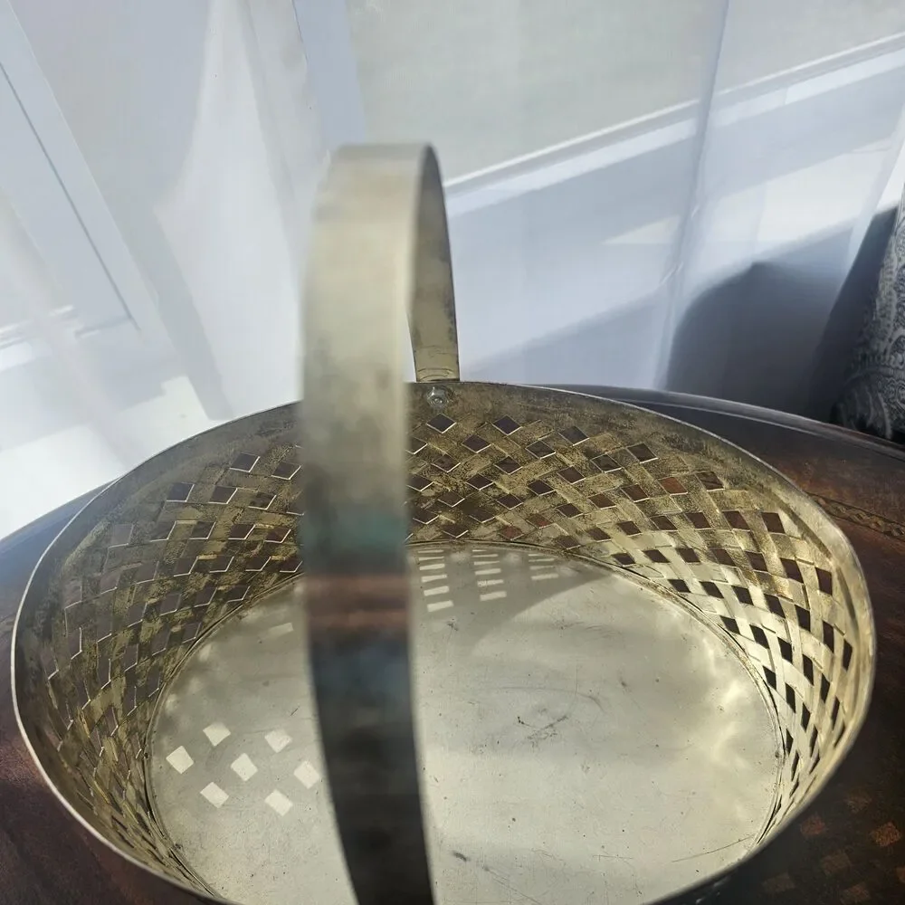 Vintage Silver-Plated Lattice Basket – Open Weave Metal Storage